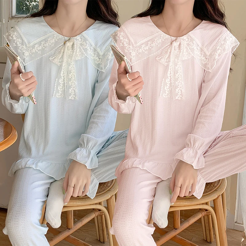 

2023 Autumn Long Sleeve Cotton Pajama Sets for Women Korean Cute Girls Lace Sleepwear Pyjamas Homewear Pijama Mujer Home Clothes