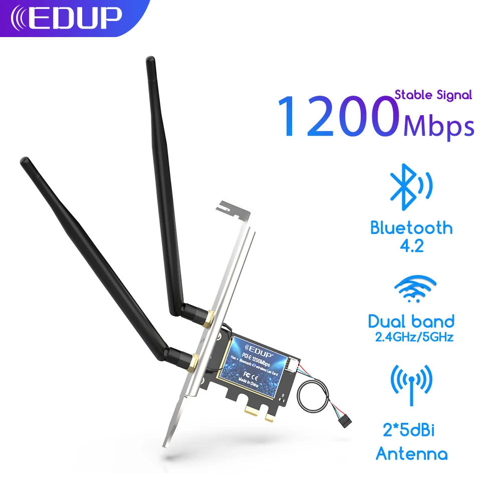 

EDUP 1200Mbps PCIe Wireless WiFi Adapter Dual Band 2.4Ghz 5.8Ghz PCI Express Network Card 802.11ac Bluetooth 4.2 For Win7 10 11