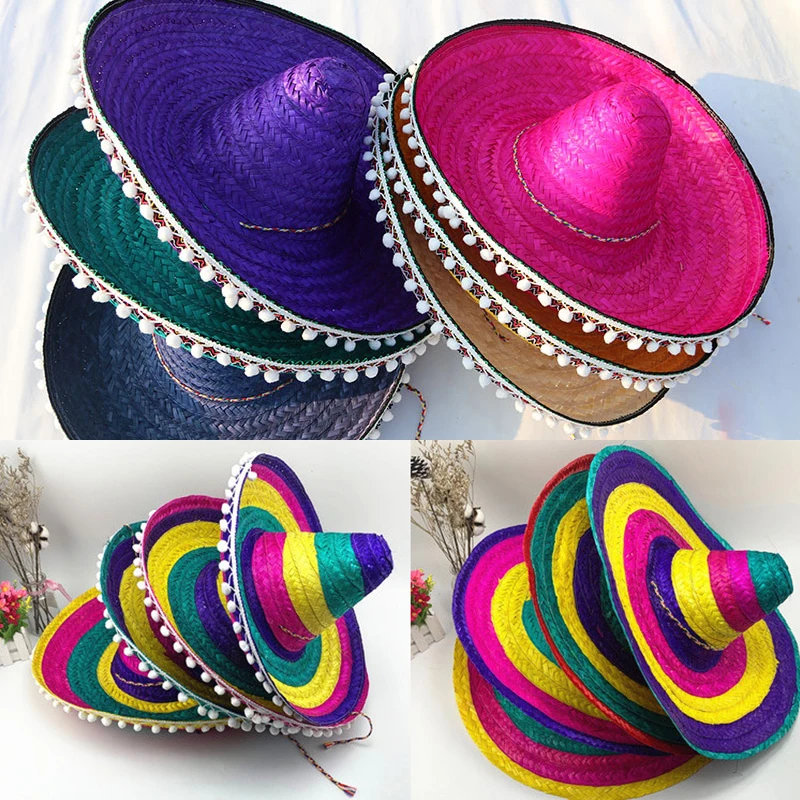 

Christmas Halloween Ethnic Color Dress Up Sun Straw Hat With Decorative Pom Pom Hat Show Prom Party Hat
