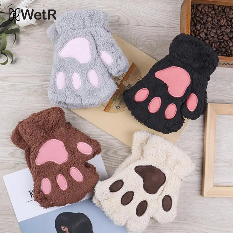 

Women Cute Winter Warm Half Finger Gloves,cartoon Cat Paw Thicken Fuzzy Plush Mittens,embroidery Fingerless Hand Warmer Gloves