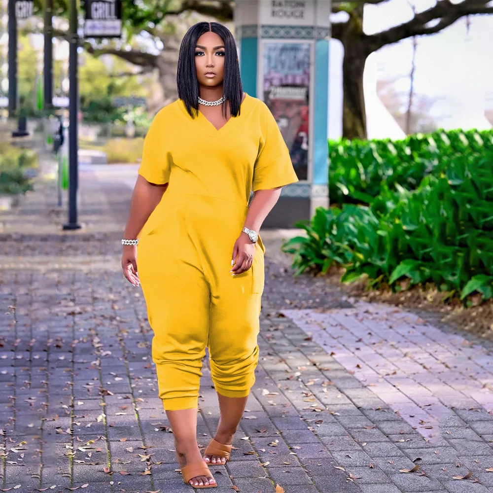 Plus Size Women Long Jumpsuit Solid Pocket Loose One Piece Cloth Lady Pencil Pants 2023 Summer Female Elegant Jumpsuits