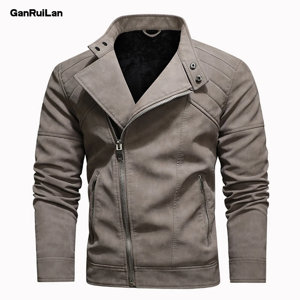 PU Men's Leather Jacket Solid Color Zipper Stand Collar Slim Male Jacket Autumn Winter Fashion Motorcycle Coats For Men B01596