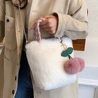 cute faux fur cherry pendant handbag female winter warm mini top handle bag shoulder bag tote purse for women girls shopping bag