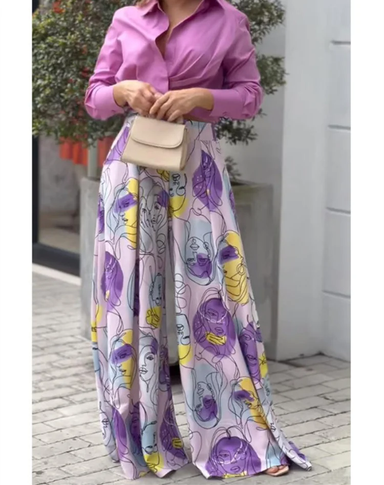 

Sexy Streetwear Two Piece Sets Office Lady Long Sleeve Shirts and Wide Leg Pants Suits Print Basic Simple Outfits