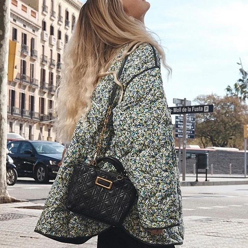 

Vintage Floral Print Stand Collar Loose Coat Tops Winter Casual Loose Thick Warm Jacket Women Fashion Long Sleeve Pocket Outwear