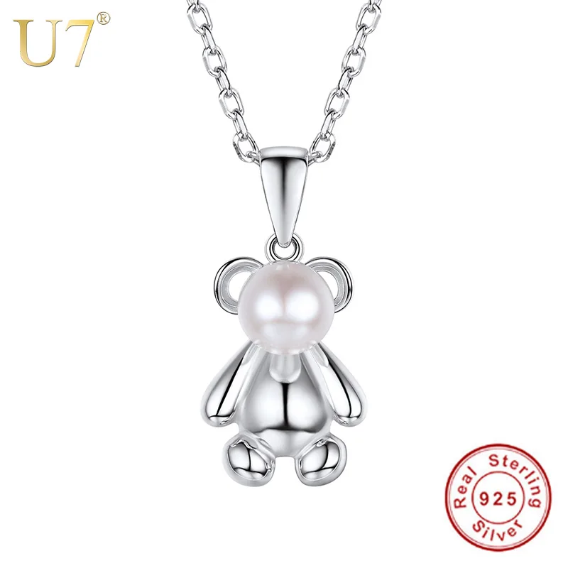 

U7 Authentic 100% 925 Sterling Silver Cute Bear Pendant Necklace Animal Charm Freshwater Pearl Women Jewelry Valentine Gift SC22