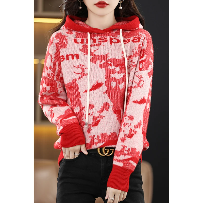 

Пуловер с капюшоном для женщин, осень/зима, новый год 100%, шерстяной свитер, повседневная трикотажная одежда с надписью, женские топы, утепленная Свободная блузка
