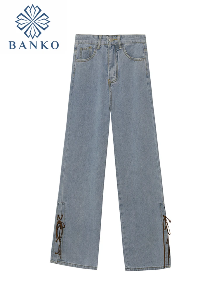 Джинсы женские с завышенной талией модные пикантные бандажные брюки широкими