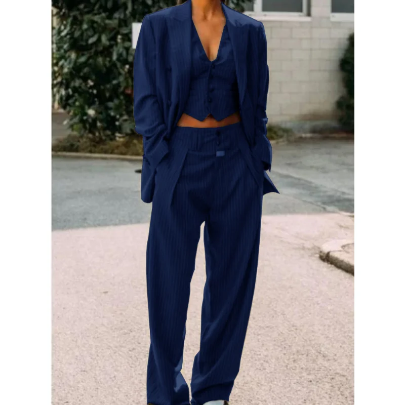 Striped Women's Suit Dress Lapel Single-breasted Button Gray Sexy V-neck Vest Pants Jacket Business Work Coat Three-piece Custom