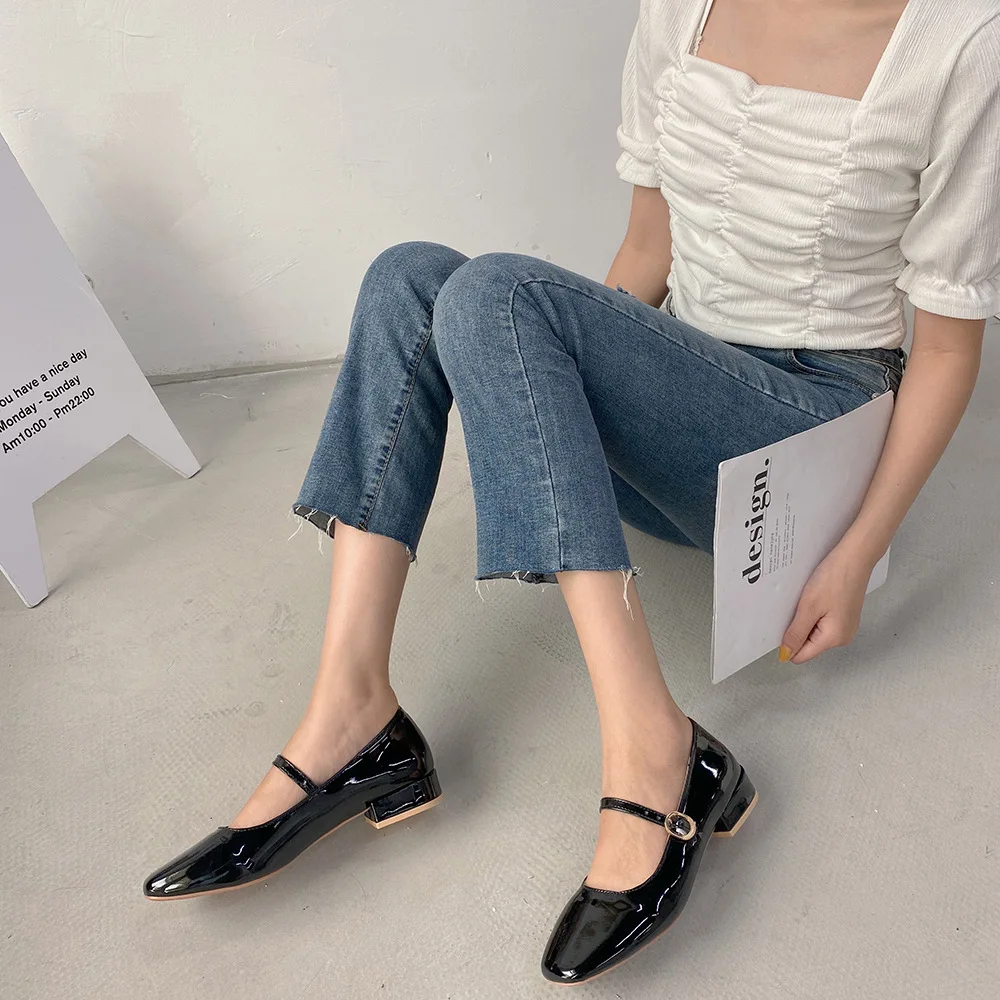

Spring/Autumn Women Mary Janes Shoes Patent Leather Low Heels Dress Square Toe Shallow Buckle Strap Girls Single