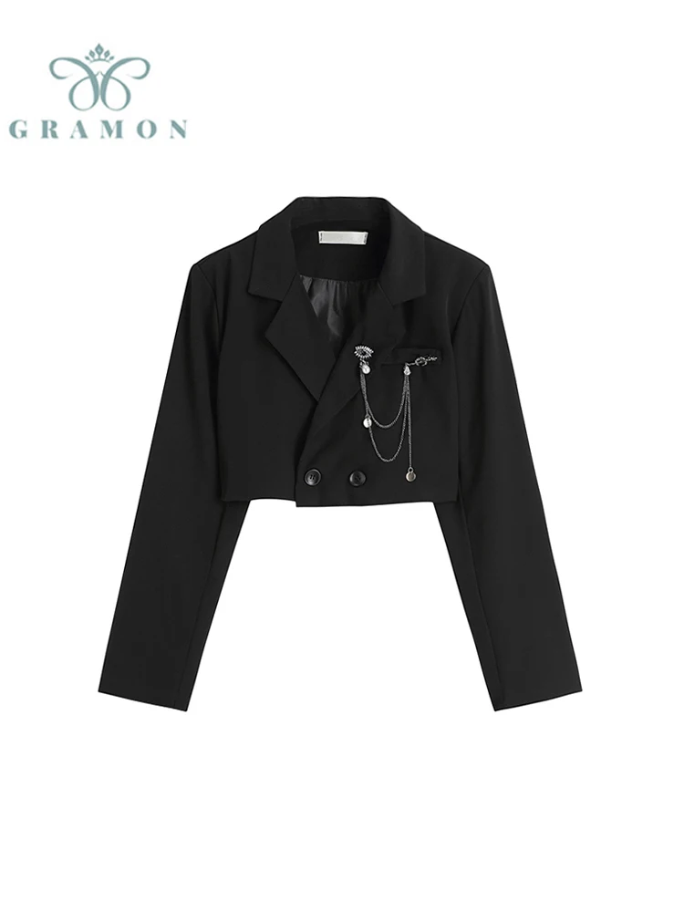 

Fashion Streetwear Women Long Sleeve Suit Blazer Autumn Solid Crop Top Casual Gothic All-match Cool Girl Chain Suit Blazer New