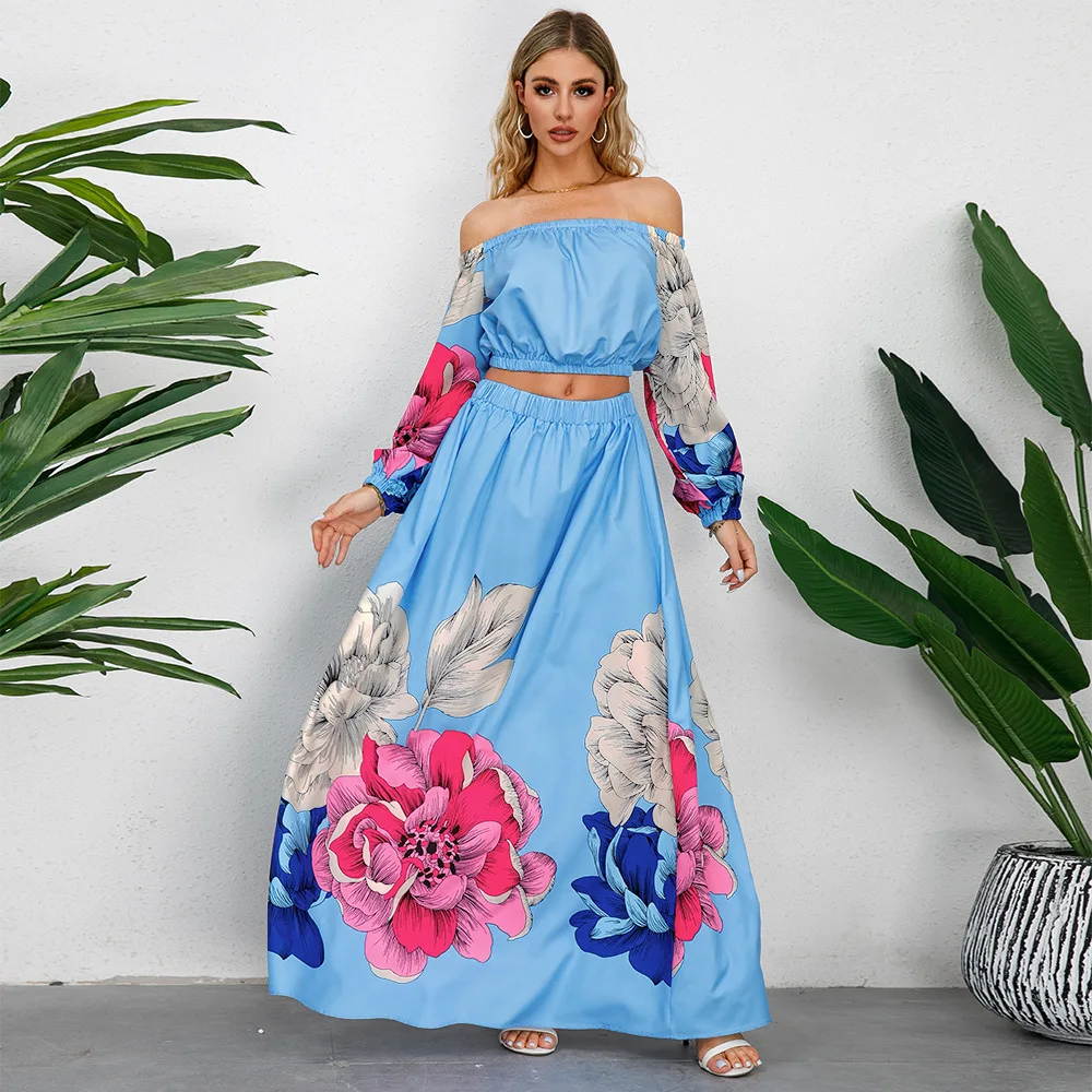 

Woman Autumn Vintage Long Sleeve A-line Flowers Print Long Maxi Two-piece Dress 2023 Slash Neck High Waist Holiday Party Dresses