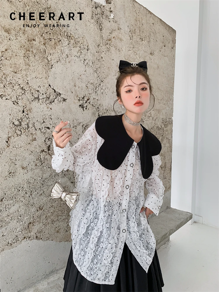 

CHEERART White Lace Polka Dot Peter Pan Collar Blouse Women Korean Fashion See Through Top Kawaii Cute Button Up Baggy Shirt