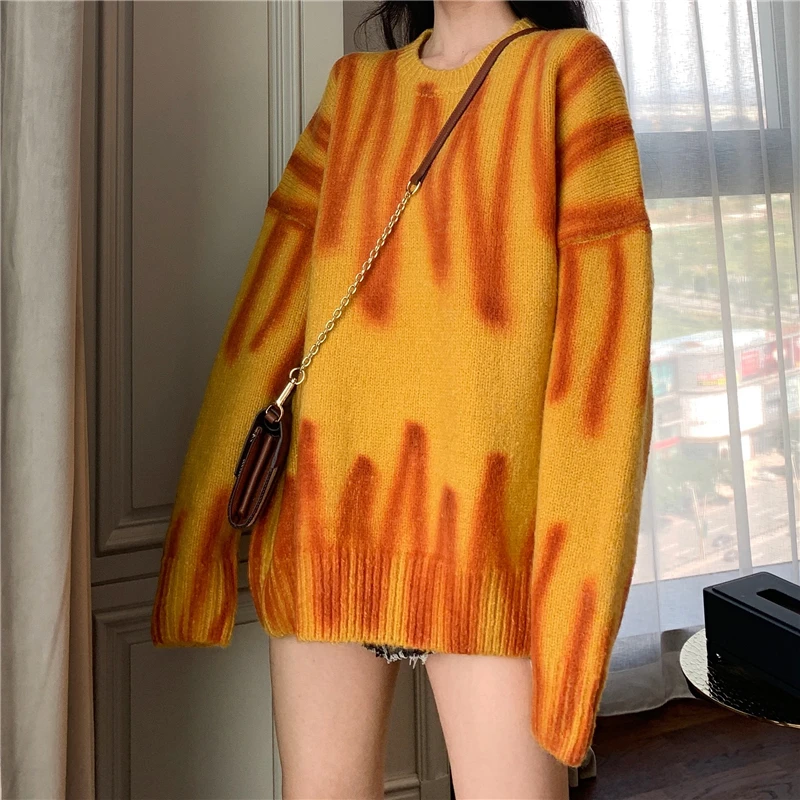 

Женский винтажный свитер в полоску, оранжевый свитер в Корейском стиле с круглым вырезом и длинным рукавом, уличная одежда на весну и осень, 2021