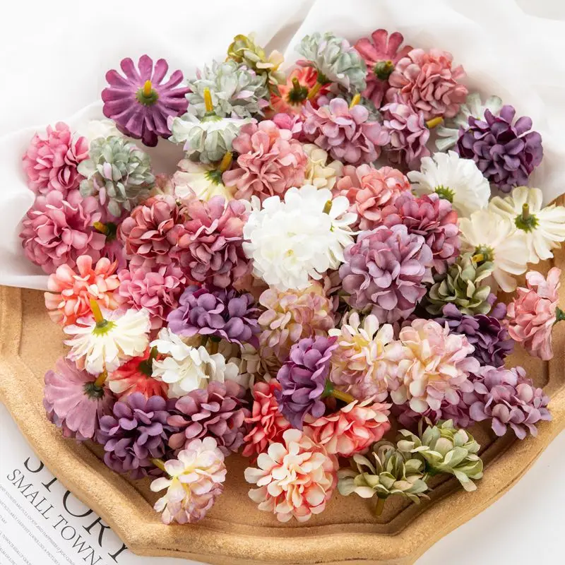 50Pcs Retro Artificial Flower Silk Hydrangea Heads For Home Wedding Party Decoration DIY Wreath Scrapbooking Craft Fake Flowers