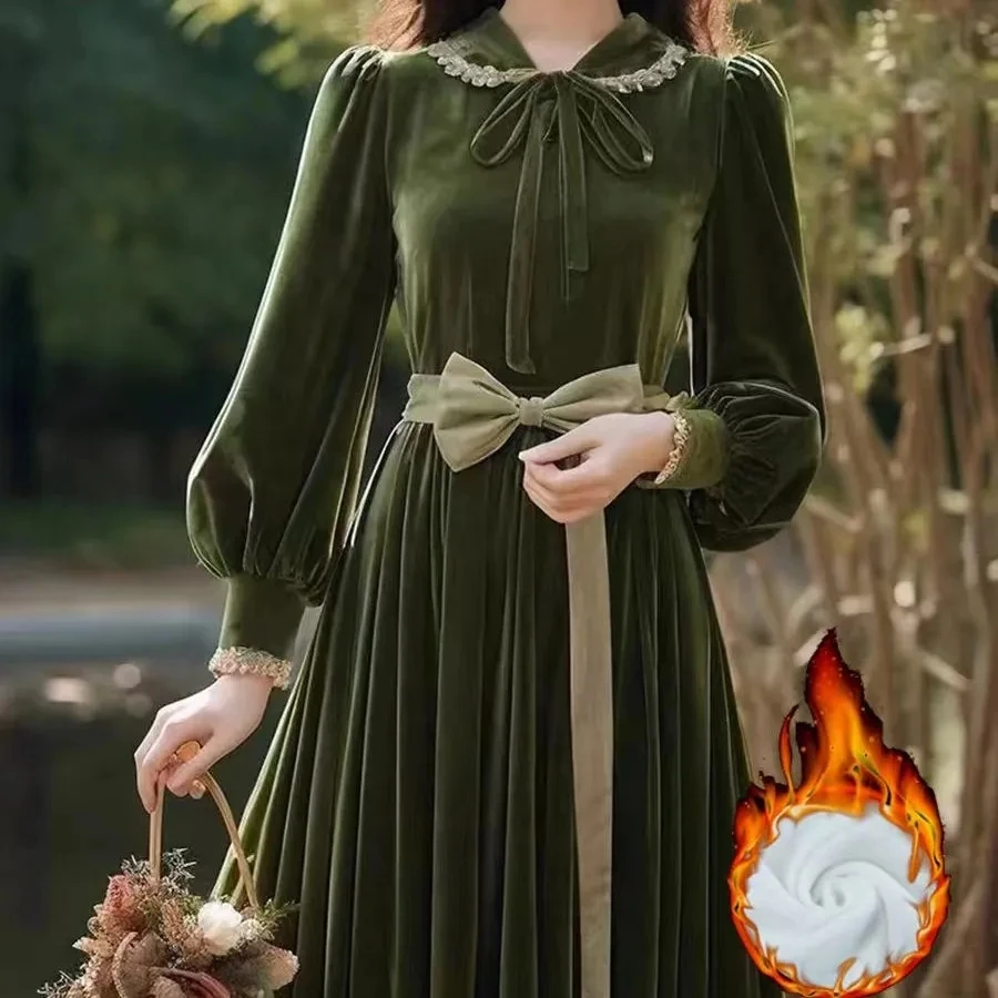 Зеленое бархатное платье в корейском стиле Хепберн женское осенне-зимнее