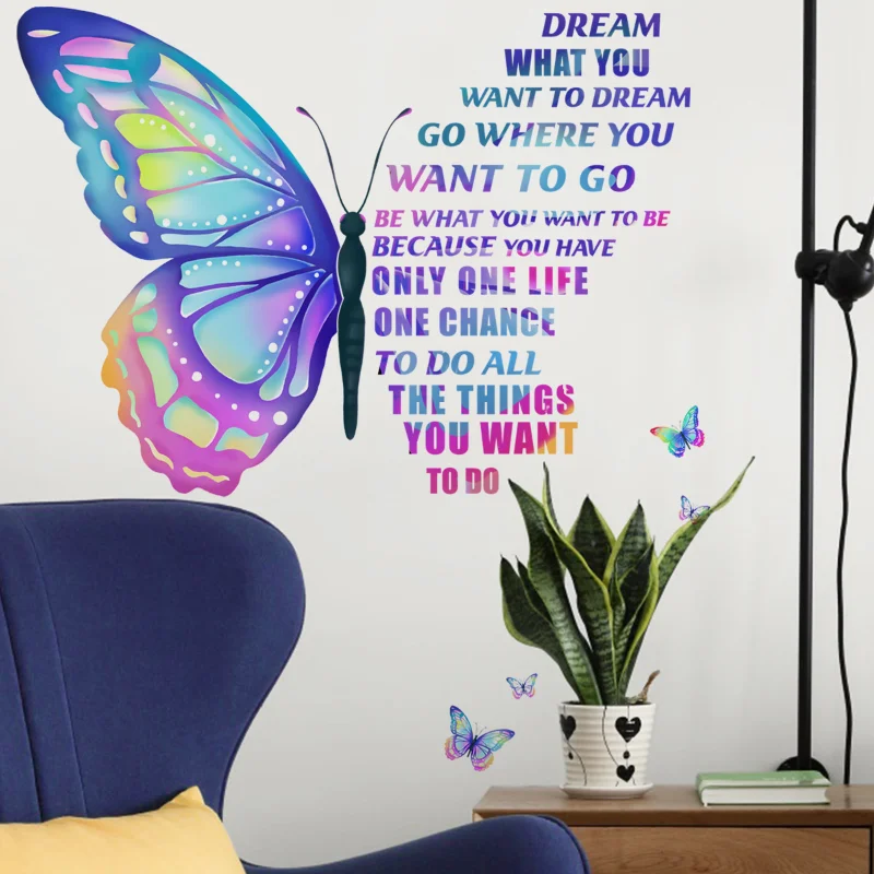 

Colorful Butterfly English Words Wall Sticker Living Room Bedroom Sofa Background Decoration Wallpaper Home Art Decals