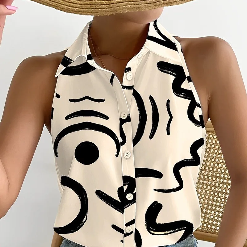 

Summer Casual Fashion Off Shoulder Sleeveless Abstract Printed Women's Shirt Blusas Mujer De Moda 2023 Verano Elegantes Blouse