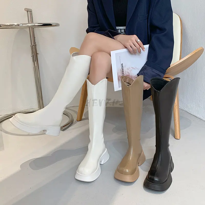 Boots 2023 Autumn Winter New Leather Thick Soled Riding Women's Chelsea Ytmtloy Knee High Square Toe Botines De Mujer Rubber