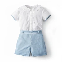 cekcya toddler boys boutique clothing suit children spanish clothes set boys white shirt lace peter pan collar blue shorts