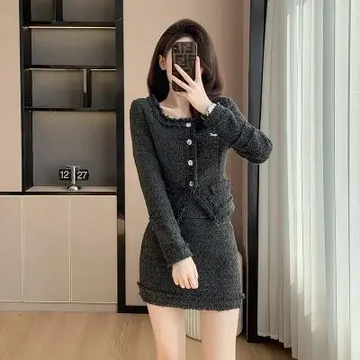 Серая куртка с бахромой юбка костюм-двойка женский костюм квадратным воротником