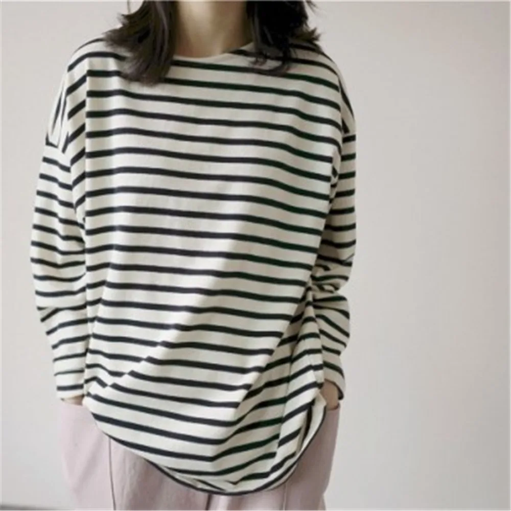 

Женская футболка, Свободный Топ в полоску с длинным рукавом, простая рубашка в японском и корейском стиле, весна-осень, женские топы