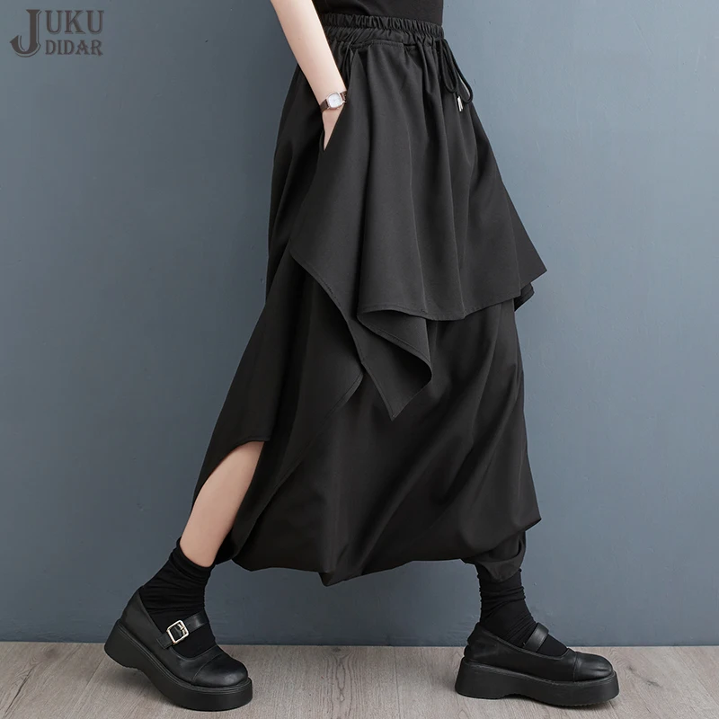 

New Solid Black Elastic Waist Woman Japanese Style Long Harem Pants Loose Fit Unique Causal Wear Cross-Pants Trousers JJPS023