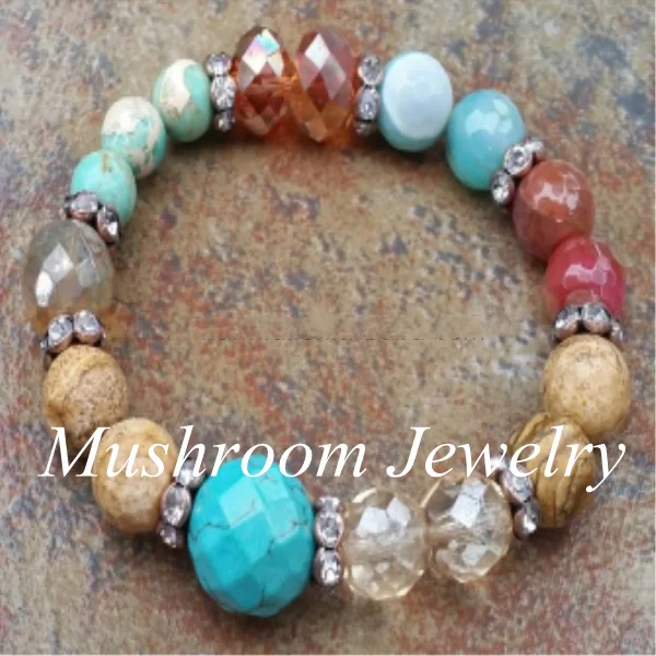 Glass Crystal Bead Picture Japser Bead And MEtal Rhinstone Turquoise Elastic Bracelet