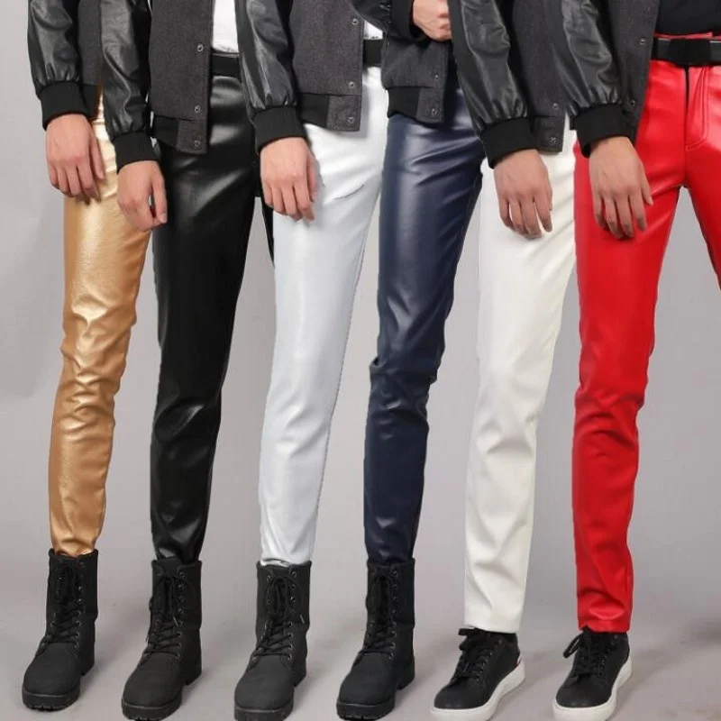 

New Multicolor Brand Spring Men Leather Pants Slim Fit Elastic Male Fashion PU Trousers Autumn Punk Cosplay Dance Mens