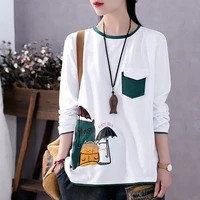 pure cotton literary loose long sleeved t shirt female spring autumn new loose round neck blouse printing bottoming shirt