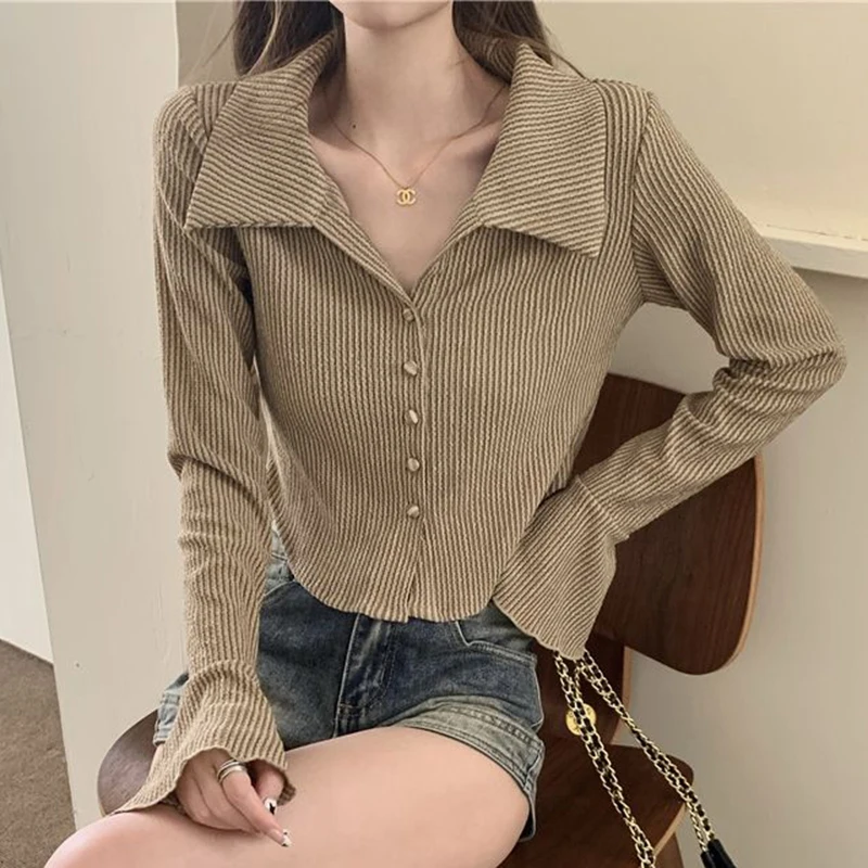 

Gidyq Harajuku Striped Women Shirts Korean Fashion Flare Sleeve Sexy Cropped Tops Summer All Match Female Streetwear Slim Shirts