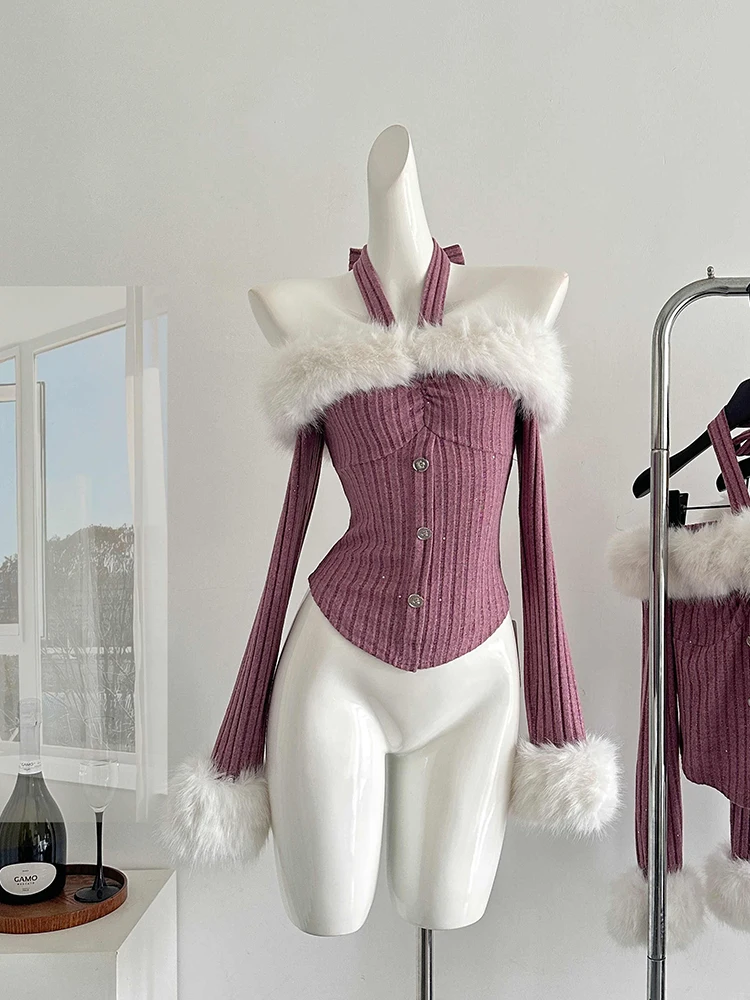 Зимний женский милый пушистый свитер с длинными рукавами трикотаж для девочек