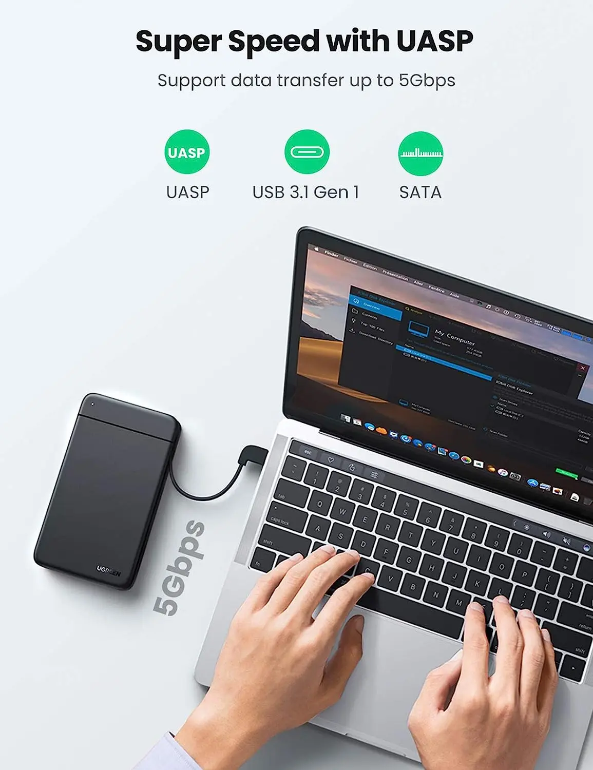 Фото Ugreen USB a Корпус внешнего жесткого диска 2,5 дюйма Быстрая скорость 5 Гбит/с Поддержка жесткого диска SATA SSD 2,5 дюйма до 14 ТБ №3