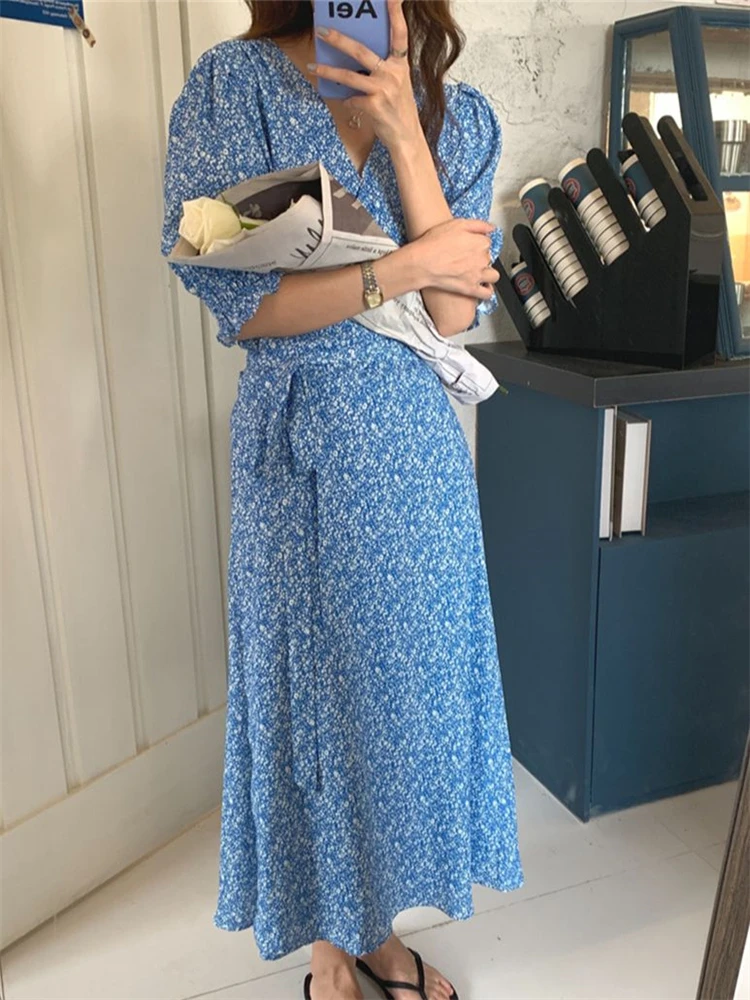 

Женское синее платье с V-образным вырезом, элегантное офисное приталенное платье с цветочным принтом и шнуровкой, офисное платье до колена, ...