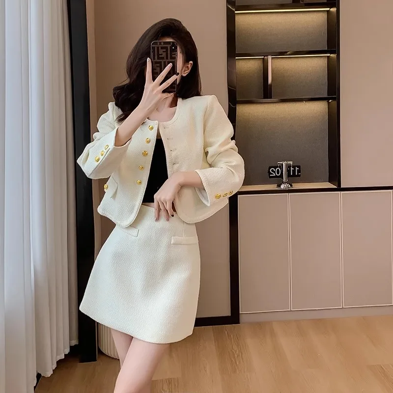 

New Autumn Winter New Small Fragrance White Jacket Fashion Suits Women Temperament Tweed Coat+Skirt Two Piece Set Sweet Clothing