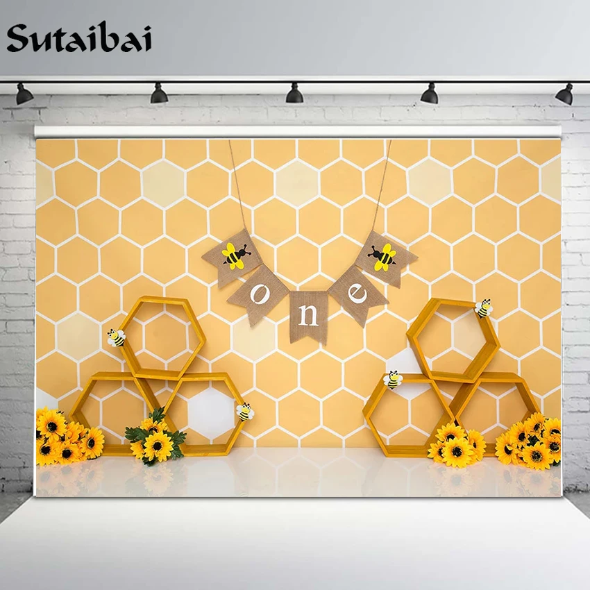 Yellow Sweet Honey Photography Background Happy Bee Day Sunflower Kids Baby One Birthday Party Cake Smash Decor Backdrop