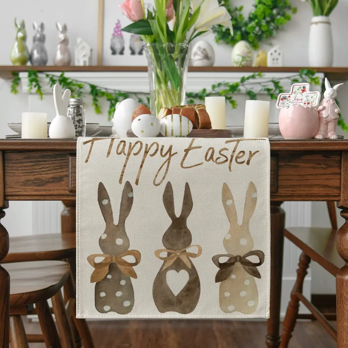 

Carrots Rabbit Bunny Happy Easter Table Runner with Placemat, Spring Summer Seasonal Holiday Kitchen Dining Table Decortion