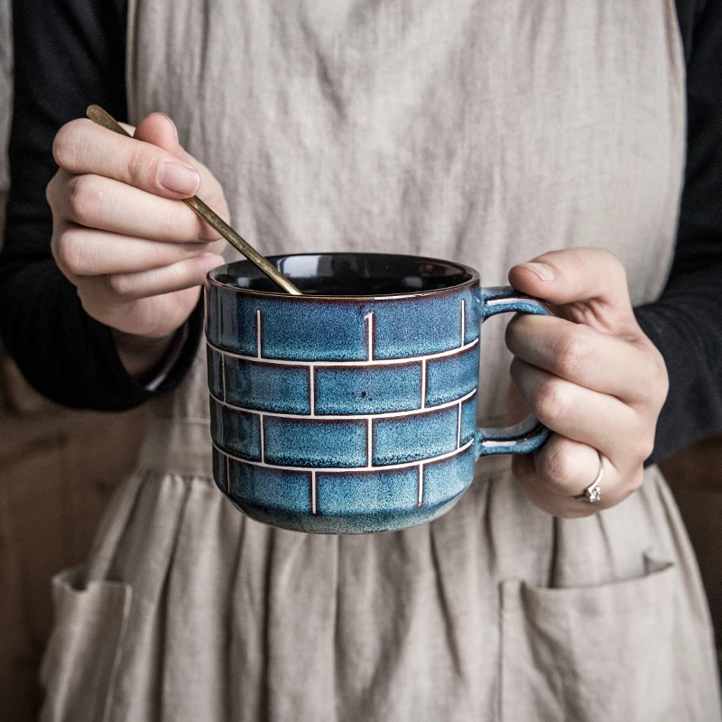 

400ml Vintage Blue Ceramic Cup Large Capacity Japanese Pottery Couple Mugs For Coffee Tea Milk Water Retro Home Office Drinkware