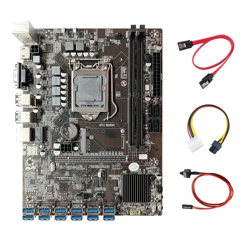 

Материнская плата B250C для майнинга BTC + 4-контактный к 6-контактному кабелю + переключатель кабеля + SATA кабель 12 USB3.0 слот GPU DDR4 LGA1151 для майнинга ...