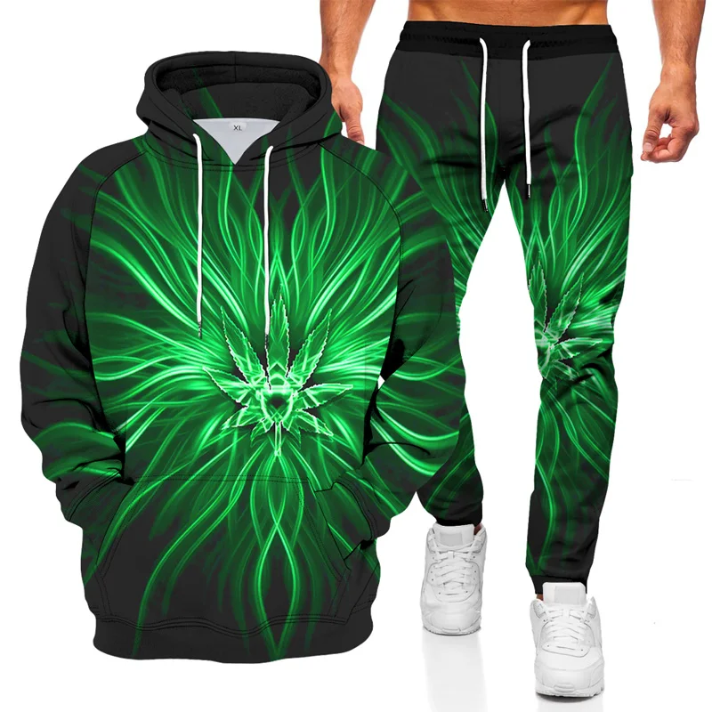 

2021 New Fashion Long Sleeve Hooded Sweater 2 Pieces Sets Men's Sportswear Leaf 3D Printed Hoodie Pants Hoodies Suits Sweatshirt