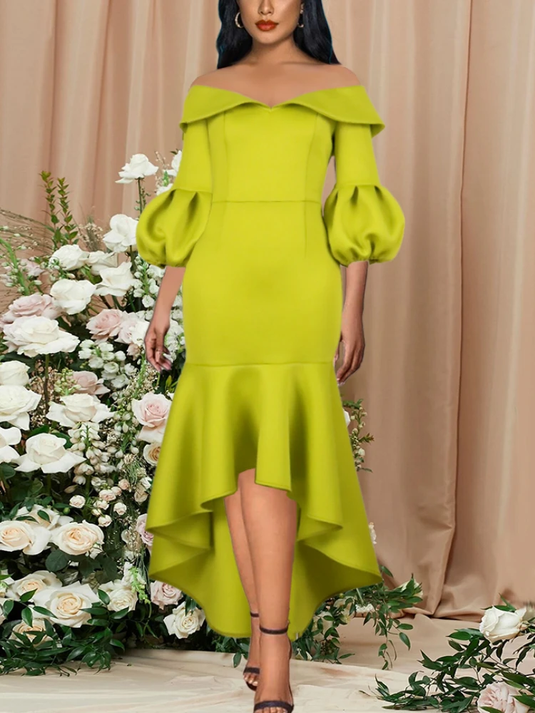 

Elegant Women Party Prom Dress Bright Curve Puffy Sleeve Bare Shoulder Mermaid Dress Africa Large Size Celebrity Evening Outfits