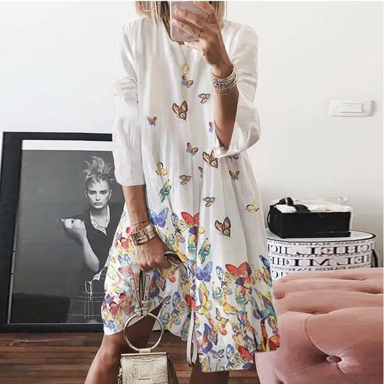 

2023 summer new women's vintage printed round neck dress digital printed multi-color skirt