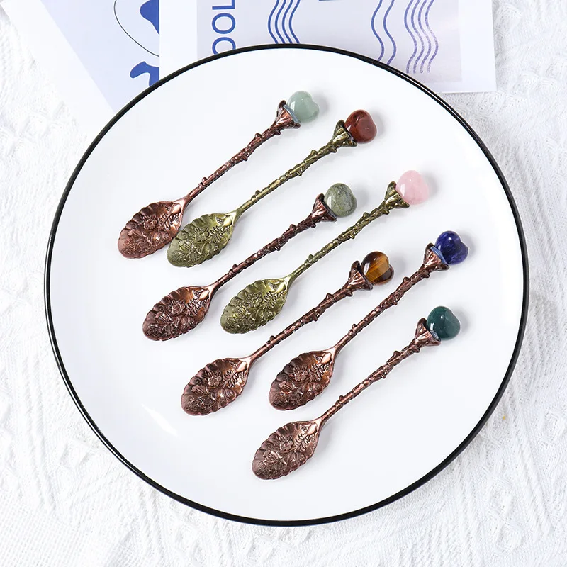 

Vintage natural Reiki mineral crystal mini love spoon long handle stirring spoon creative decoration gift soup spoon wholesale