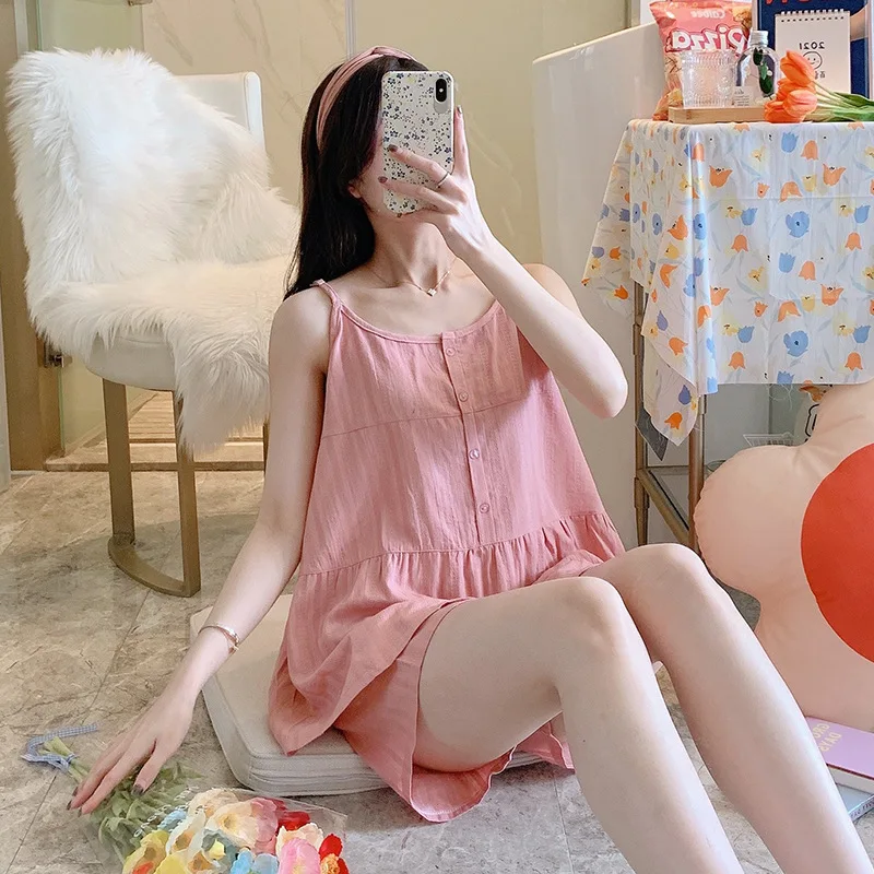 Women's Pajamas Sets Sexy 100% Cotton Female Pyjama Pijama O-Neck Cami Top Shorts Suit Summer Sleepwear Loungewear Home Clothes