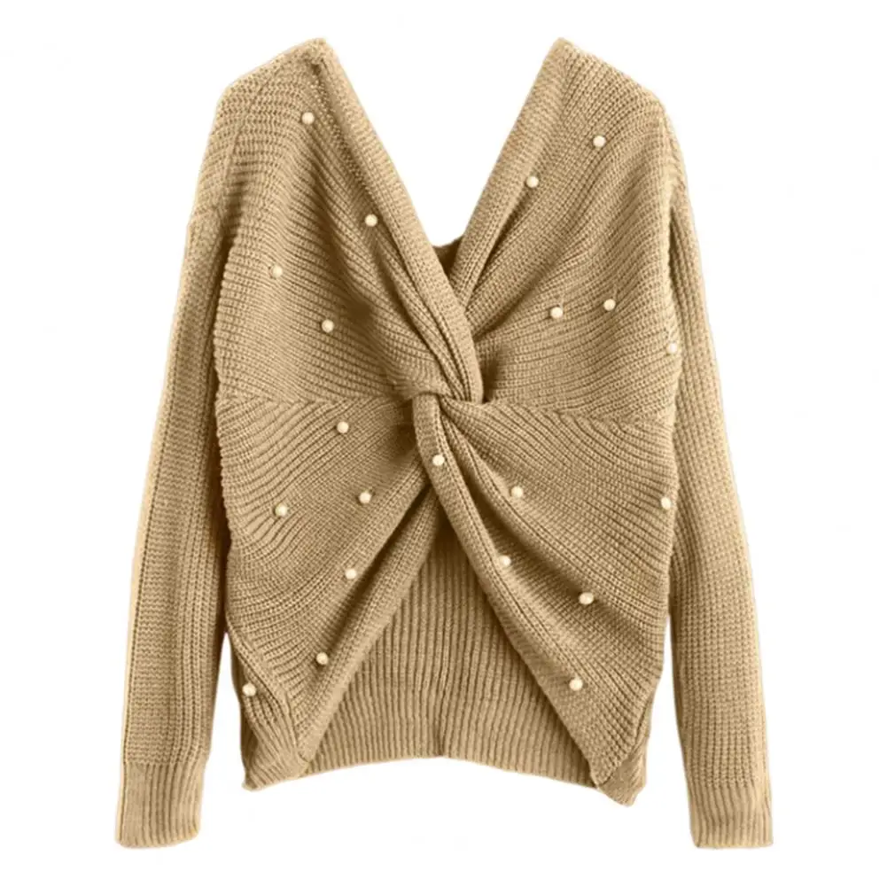 

V-Neck Knitted Sweater Reversible Long Sleeve Ribbed Trim Thick Women Back Criss Cross Beading Pullover Sweater Female Clothing