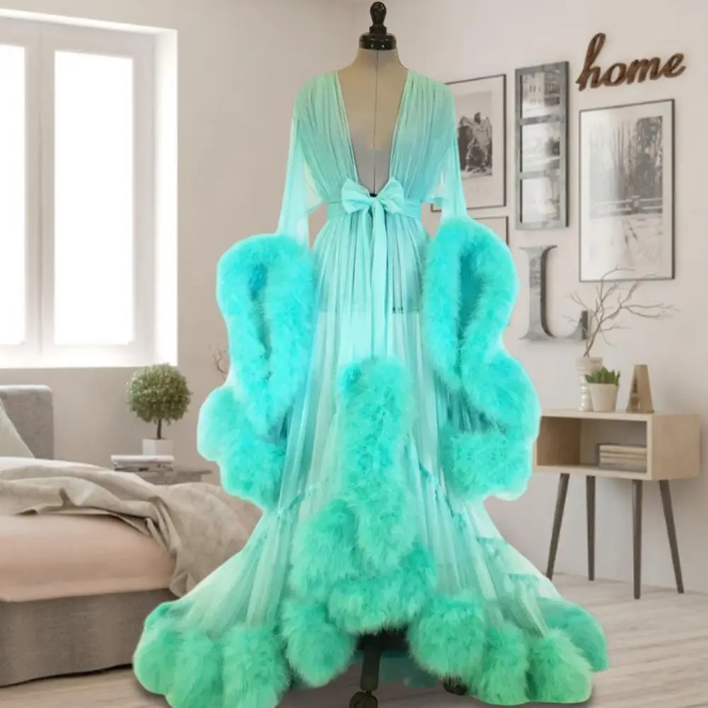 

Женская ночная рубашка, пикантная Однотонная ночная рубашка с завязкой на талии, глубоким V-образным вырезом и искусственными перьями, порнографическая одежда для сна, сетчатая пушистая женская ночная рубашка