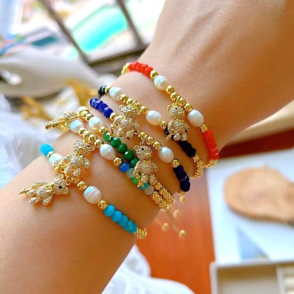 5 шт. кубический цирконий медведь кулон шармы браслет натуральный жемчуг Хрустальный женский золотой бисер веревка браслеты ювелирные изделия подарок