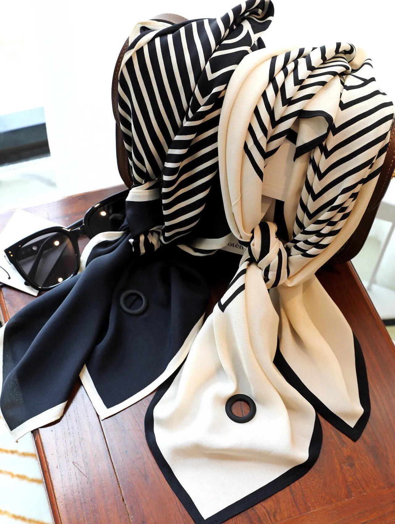 

Toteme Simple style black and white striped silk square scarf 90CM large scarf French shawl