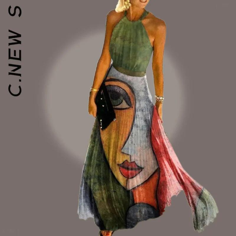 

C.New S Women Sexy Summer Sleeveless Halter Pleated Dress Off Shoulder Long Dress Women Dress Female Vintage Print Pleated Robe