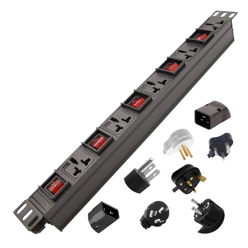 

19 inch PDU 1U Network Cabinet Rack Power Strip Distribution 16A Universal Outlets Break Switch EU/UK/US/AU Plug Socket 2m Cord